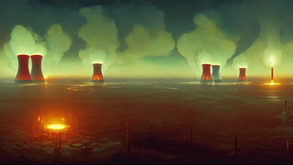 Image similar to A nuclear power plant in utopia by Simon Stålenhag and J.M.W. Turner, oil on canvas; Nuclear Fallout, Art Direction by Adam Adamowicz; 4K, 8K Ultra-Realistic Depth Shading; Epic 4k dream drone shots