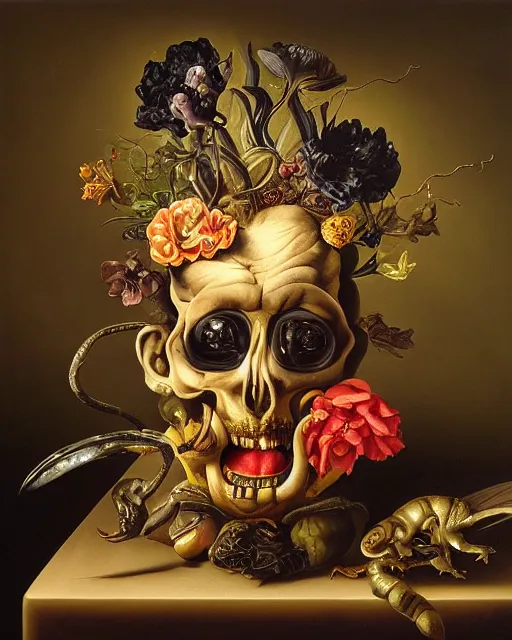 Image similar to refined gorgeous blended oil painting with black background by christian rex van minnen rachel ruysch dali todd schorr of a chiaroscuro portrait of an extremely bizarre disturbing mutated man made of still life flowers and rubber insects with shiny skin acne dutch golden age vanitas intense chiaroscuro cast shadows obscuring features dramatic lighting perfect symmetry perfect composition masterpiece