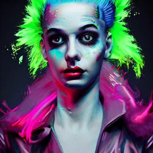 Image similar to splashes of neon clouds, mowhawk, punk women portrait made out of paint, trending on artstation, epic composition, emotional, beautiful, rendered in octane, highly detailed, realistic, tim burton comic book art, sharp focus, unreal engine