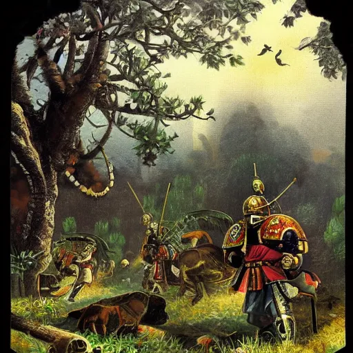 Prompt: ottoman sultanate space marine, lush pastoral woodland scene, pulp science fiction illustration