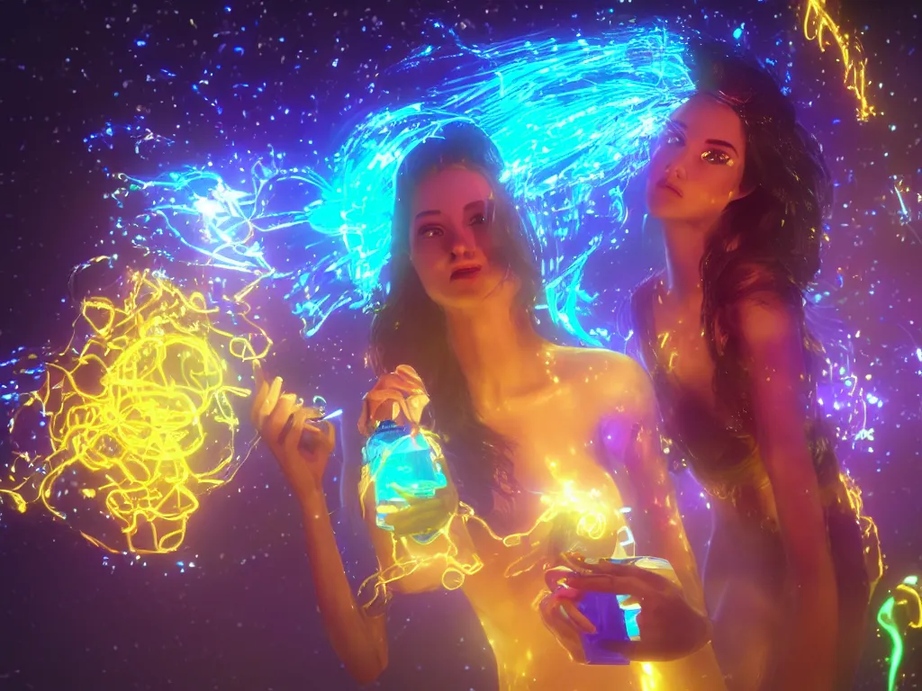 Image similar to a hyperrealistic portrait render of a beauty queen opening a bottle of glowing worms and drinking fluorescent liquid in the cosmos, unreal engine 8k