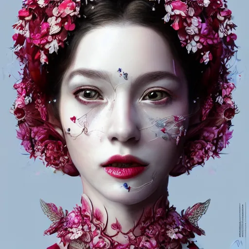 Prompt: the portrait of an absurdly beautiful, graceful, elegant, sophisticated, fashionable realistic woman made of cherries and white petals with tears, an ultrafine hyperdetailed illustration by kim jung gi, irakli nadar, intricate linework, bright colors, octopath traveler, final fantasy, unreal engine highly rendered, global illumination, radiant light, detailed and intricate environment