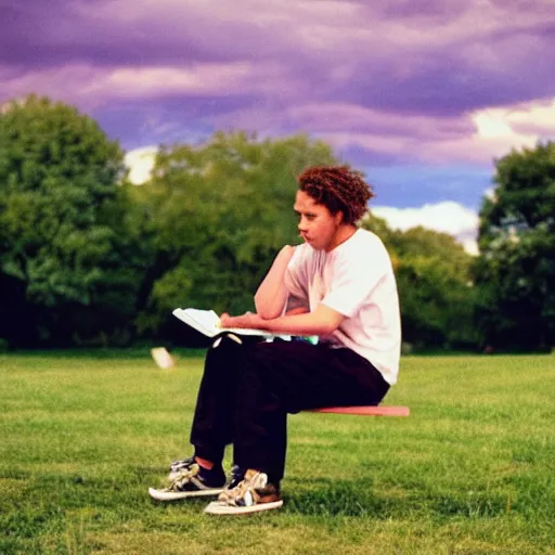 Image similar to 1 9 9 0 s candid 3 5 mm photo of a man sitting on a bench in a park writing in a notebook, cinematic lighting, cinematic look, golden hour, the clouds are epic and colorful with cinematic rays of light, photographed by petra collins, hyper realistic