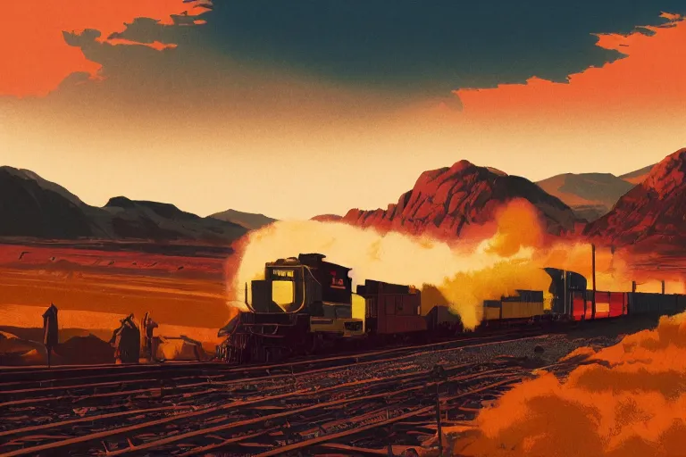 Image similar to idyllic old western freight train illustration by syd mead, artstation, 4 k, graphic novel, concept art, matte painting, steam engine spewing billowy white clouds of steam, beautiful mountain desert sunset background, golden hour