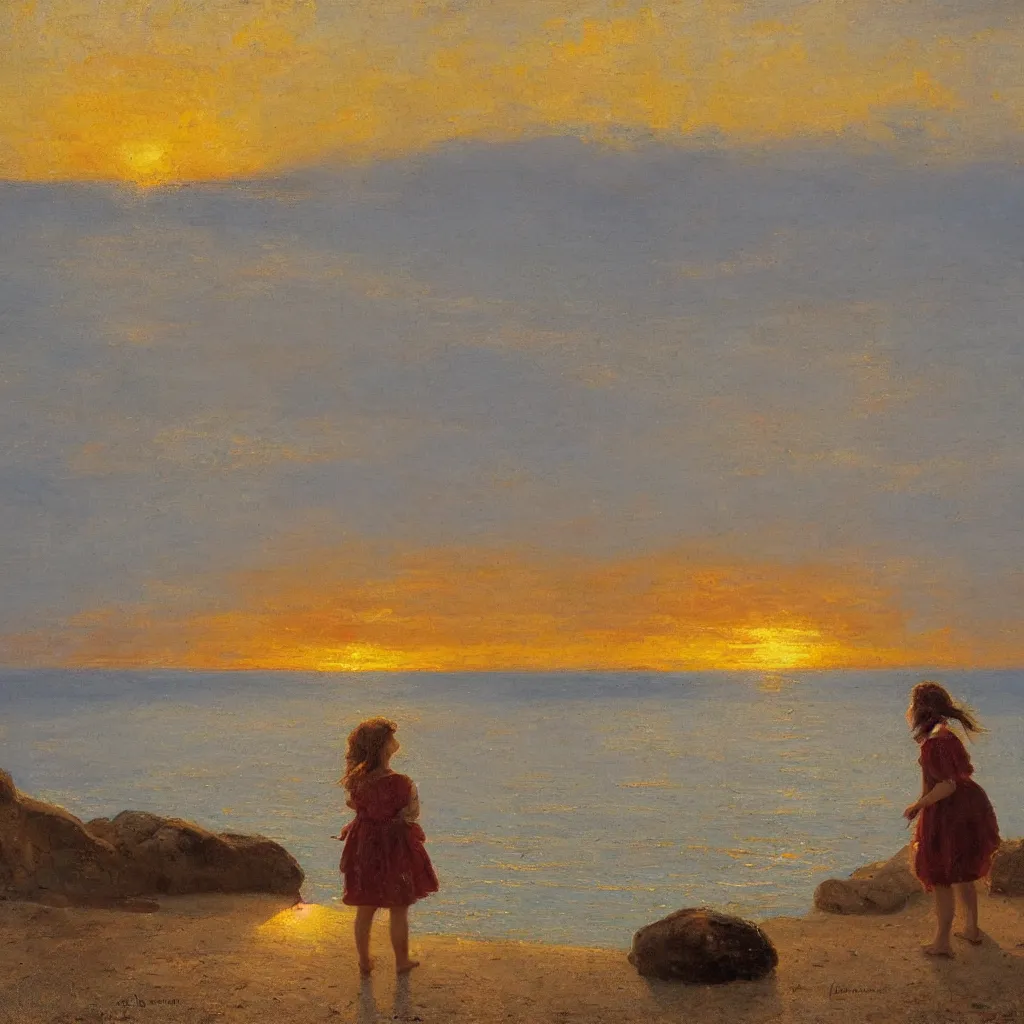 Image similar to a girl on the beach watching a beautiful radiating sunset, Nice France by Claude Lorraine