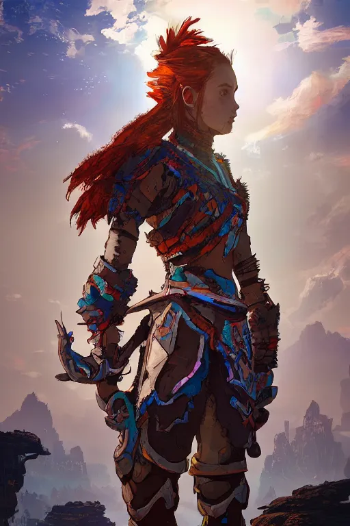 Image similar to combination suit armor aloy horizon forbidden west horizon zero dawn radiating a glowing aura global illumination ray tracing hdr fanart arstation by ian pesty and alena aenami artworks in 4 k tribal robot ninja mask helmet backpack