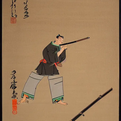 Prompt: a japanese ancient art style painting of an urban man firing a gun