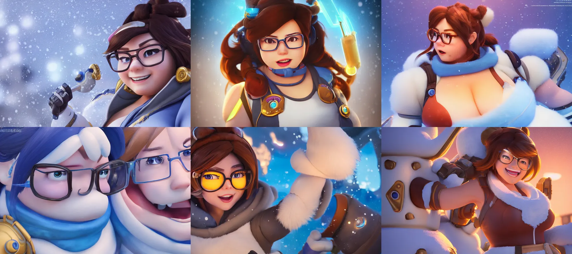 Prompt: hyperdetailed mei from overwatch as a disney pixar character, hd texture, beautiful 3D render, 8k, octane render, soft lighting, hyperrealistic, in the snow, sharp focus, golden hour, glasses, Mei-Ling Zhou
