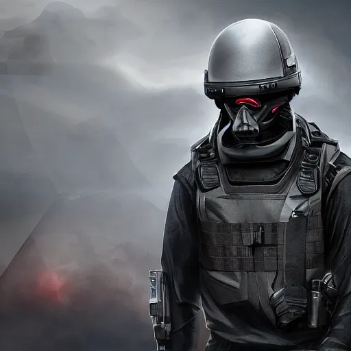 Prompt: futuristic insurgent wearing black helmet black glossy visor, spotlight, brown cloak, technical vest, and a grey backpack, photorealistic, digital art , red tint