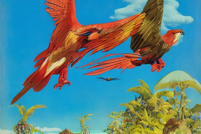 Image similar to colourful bird of prey flying over a tropical island, fluid, smooth, bright, colours, high contrast, sharpness, very detailed, intricate, by dali, magritte, edvard munch, da vinci, donato giancola, richard corben, zdzisław beksinski, moebius, francis bacon, studio ghibli, mucha and studio disney