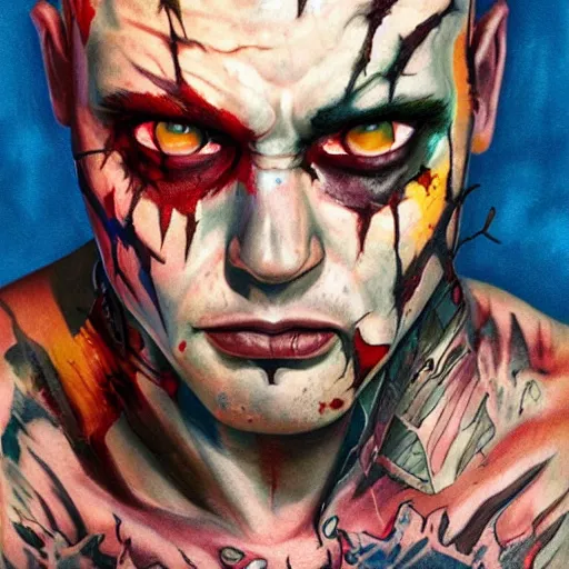 Image similar to Bright, colorful, realistic Serial killer rpg single individual headshot gore covered with scars and tattoos screaming, backlighting, kodachrome, high contrast, highly detailed, sharp focus, digital painting, concept art, illustration, trending on artstation, comic book by Alex Ross cover art