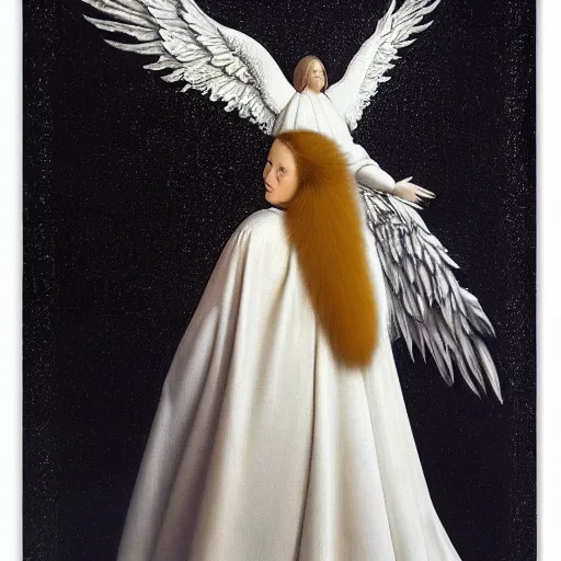 Prompt: highdetailed hyperrealistic painting of white angel in the hood!!!!, giant ball of miracle light from the chest!!!!!, 4 k hd fur face!!!, big wings, by jan van eyck, holography space, white sparkles everywhere, thin strokes, high textures, silver background