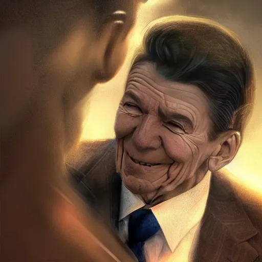 Image similar to gay ronald reagan, smooth, focus, highly detailed, hyper realistic, dramatic lighting, intricate, concept art, art by wlop, mars ravelo