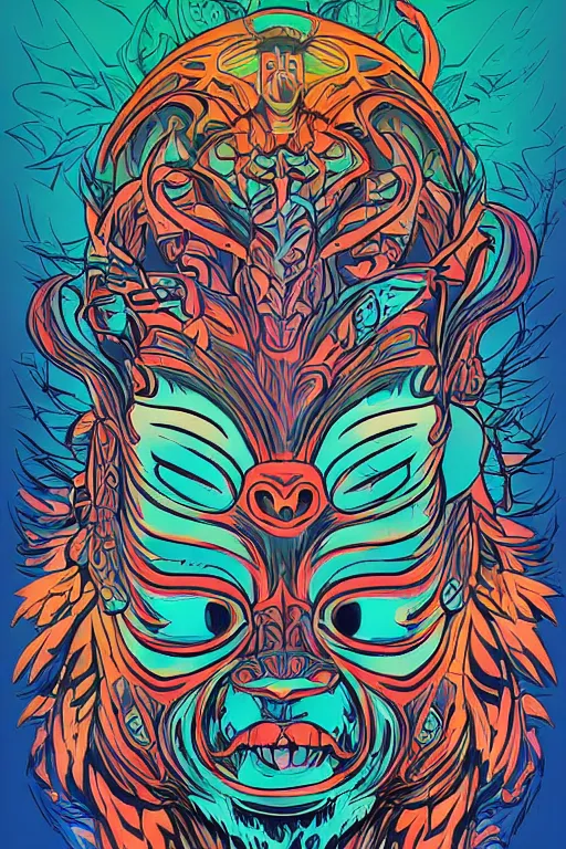 Image similar to animal mask totem roots flower tribal feather gemstone plant wood rock shaman vodoo video game vector cutout illustration vivid multicolor borderlands comics by josan gonzales and dan mumford radiating a glowing aura