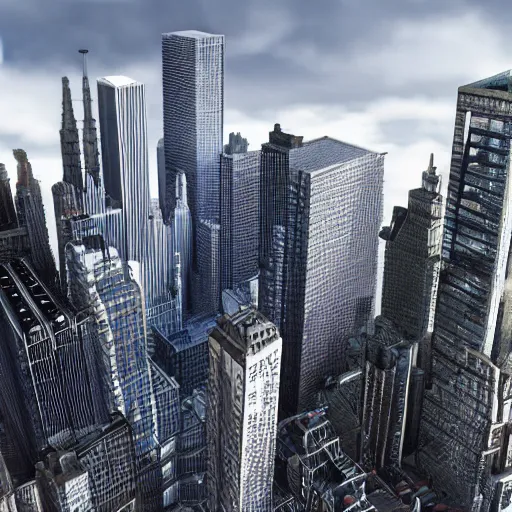 Prompt: every skyscraper in Manhattan collapsing like dominoes hyper realistic cgi art