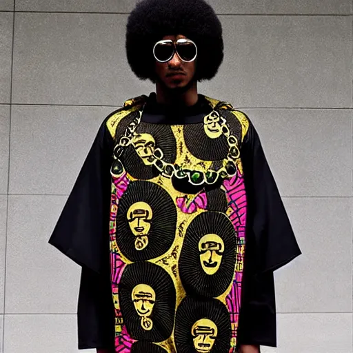 Image similar to black african american afro wearing gucci versace intricate textile chiton himation cloak tunic detailed design japanese kanji streetwear cyberpunk modern fashion