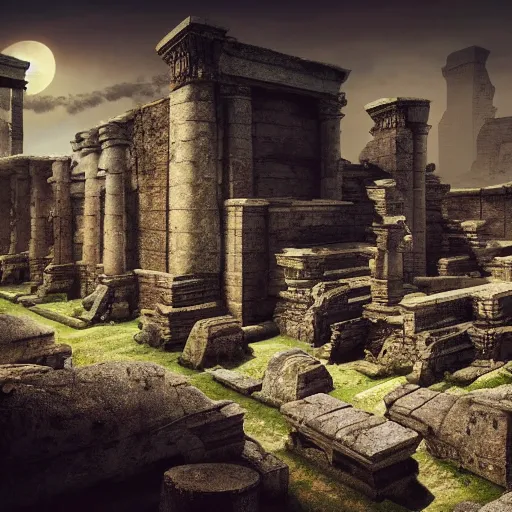 Prompt: A concept matte Painting of ancient aliens ruins, detailed, photorealistic, cinematic lighting, moody atmosphere,