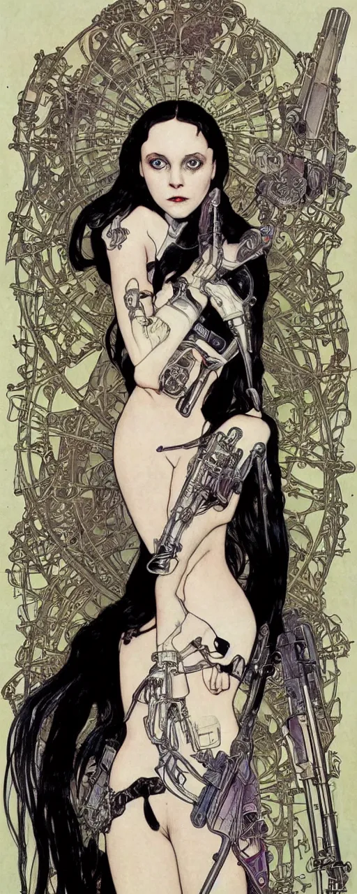 Prompt: beautiful stunning sci - fi art nouveau portrait of wednesday addams as a heavy metal industrial crustpunk rebel soldier by michael kaluta, moebius and alphonse mucha, photorealism, extremely hyperdetailed, perfect symmetrical facial features, perfect anatomy, ornate declotage, weapons, circuitry, high technical detail, determined expression, piercing gaze