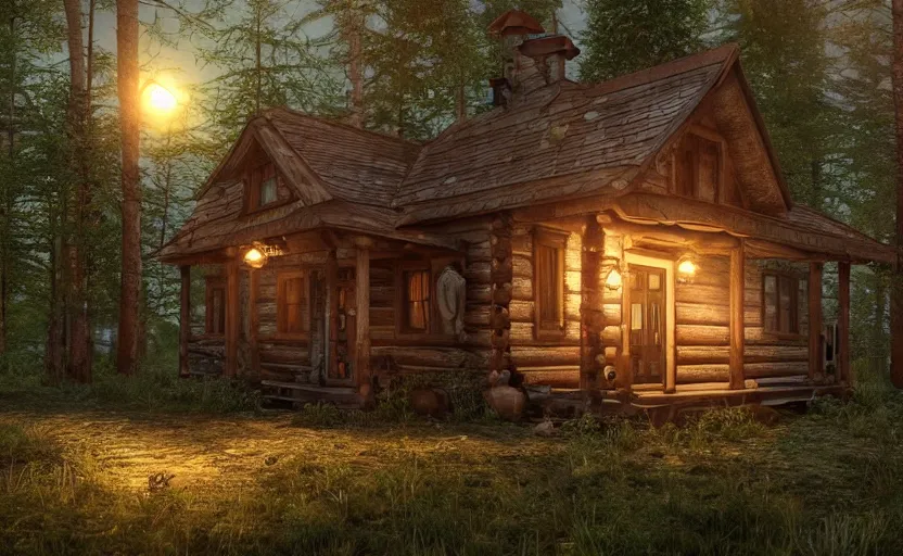 Image similar to photorealistic steampunk cabin in the forest. daylight stars. light fixtures. 8K. detailed. photorealism. artstation. 14 mm. ultra realistic