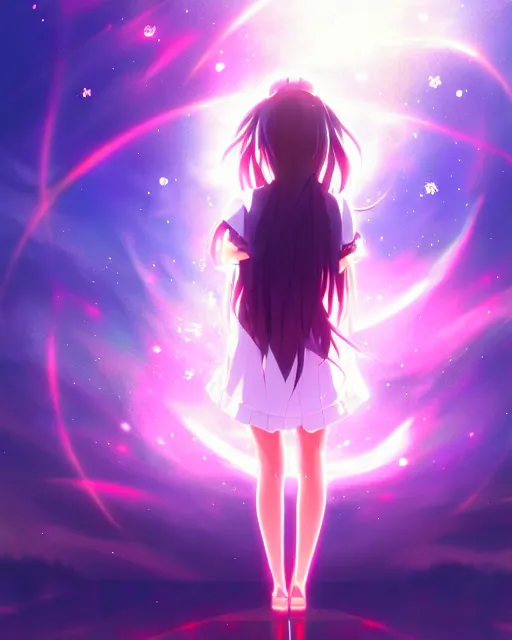 Image similar to anime style, vivid, expressive, full body, 4 k, painting, a cute magical girl with a long wavy black hair, stunning, realistic light and shadow effects, centered, simple background, studio ghibly makoto shinkai yuji yamaguchi