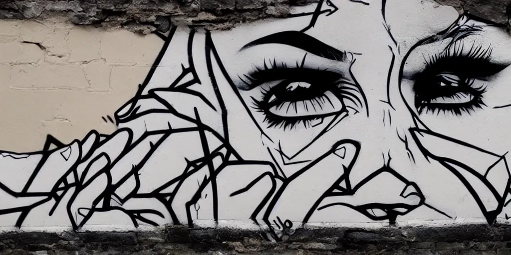 Prompt: aesthetic symmetric eyes, heavy goth makeup, flat color, minimal, large spray graffiti on a wall by famous london graffiti artist