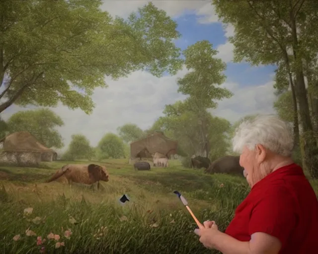 Prompt: of a very beautiful scene. ambient occlusion render. a sweet fat old woman is painting a pastoral landscape on the wall. hyper realistic. 4 k. wide angle. wild. symmetrical face, red mouth, blue eyes. deep focus, lovely scene. ambient occlusion render. concept art. unreal engine.