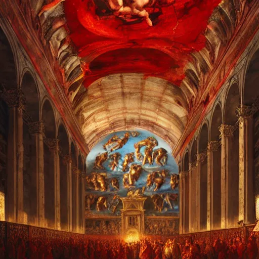 Prompt: the sistine chapel breaks open in half in the ceiling as a red magical portal from hell opens up, lucifer morningstar emerges along with demons, the priests and the pope look at the scene with terror in their eyes. highly detailed painting by gaston bussiere, greg rutkowski, craig mullins 8 k