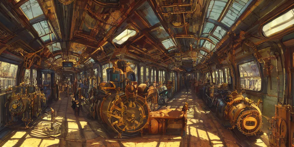 Prompt: steampunk train wagon interior, colorful, contrast, depth of field, 3 d scene, render, greg rutkowski, zabrocki, karlkka, jayison devadas, trending on artstation, 8 k, ultra wide angle, zenith view, pincushion lens effect