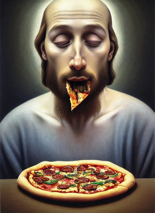 Prompt: hyper detailed 3d render like an Oil painting - Portrait of Jesus Christ eating pizza by Jacek Yerka, Mariusz Lewandowski, Houdini algorithmic generative render, Abstract brush strokes, Masterpiece, Edward Hopper and James Gilleard, Zdzislaw Beksinski, Mark Ryden, Wolfgang Lettl, hints of Yayoi Kasuma, octane render, 8k