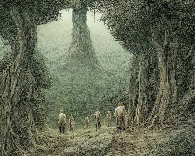 Prompt: a valley with tall trees and two hobbits walking through the forest, by Tolkien and Alan Lee