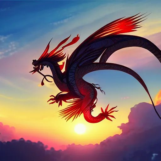 Prompt: Chinese dragon flying through a beautiful sunset sky, lighting, highly detailed, by Makoto Shinkai.