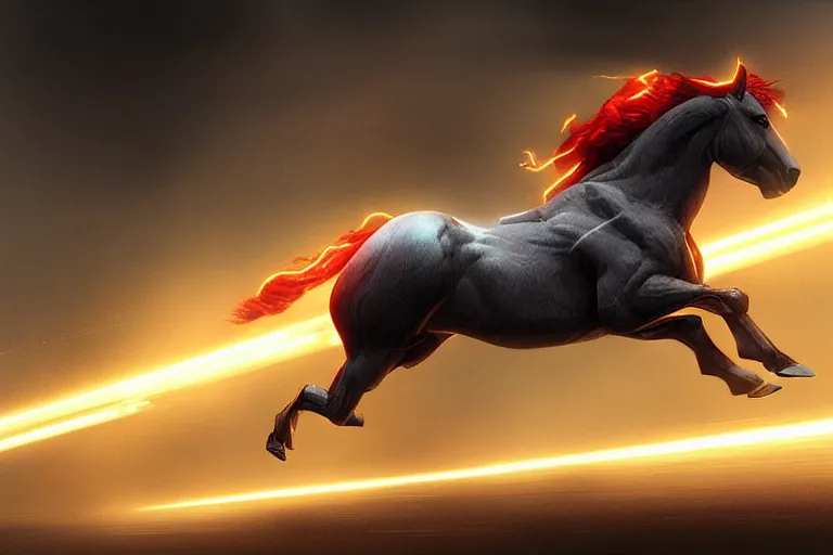 Image similar to a stunning digital painting of a horse as the flash in spandex costume, running in the speedforce by greg rutkowski, volumetric light, digital art, fine detail, photorealistic