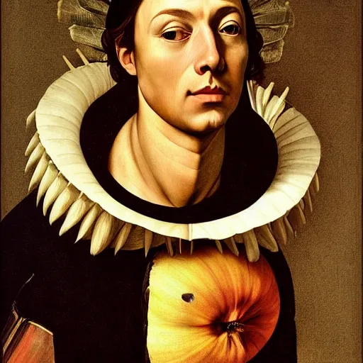 Image similar to a caravaggio face portrait of melon husk, elon musks much fruitier genetically engineered cousin, 4 k