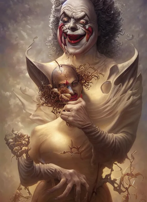 Prompt: too friendly clown, centered, digital painting, smooth, sharp focus, illustration, artgerm, tomasz alen kopera, peter mohrbacher, donato giancola, joseph christian leyendecker, wlop, frank frazetta