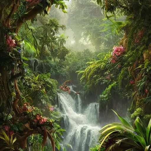 Image similar to a beautiful jungle landscape bordered by vines, flowers, tropical birds, monkey, snake, river with stunning water, d & d, fantasy, intricate, elegant, highly detailed, digital painting, artstation, concept art, matte, sharp focus, illustration, art by artgerm and greg rutkowski and alphonse mucha