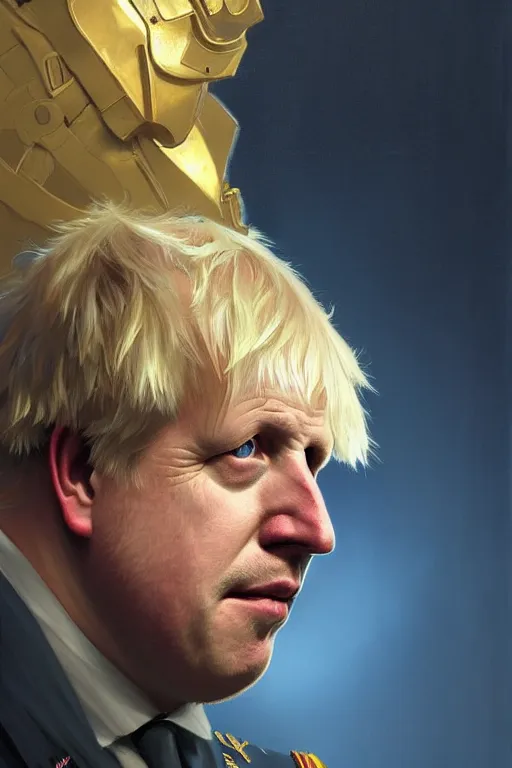 Prompt: Boris Johnson as a NATO commander, visible face, realistic portrait, gold and blue, highly detailed, digital painting, artstation, concept art, smooth, sharp focus, illustration, cinematic lighting, art by artgerm and greg rutkowski and alphonse mucha