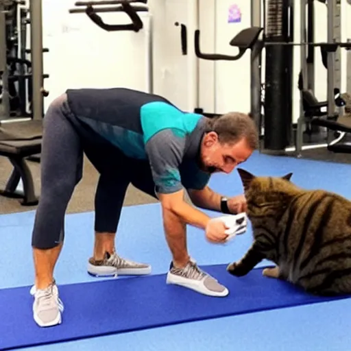 Prompt: cat trainer helps man in the gym