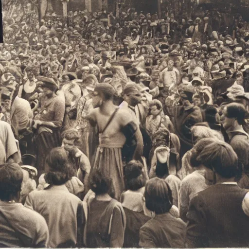 Image similar to a vintage photo of a man with lizard eyes in a crowd of people, old photo, sepia, real photo