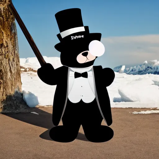 Prompt: a polar bear wearing a monocle and wearing a top hat and wearing a tuxedo, holding a cane, hd photography