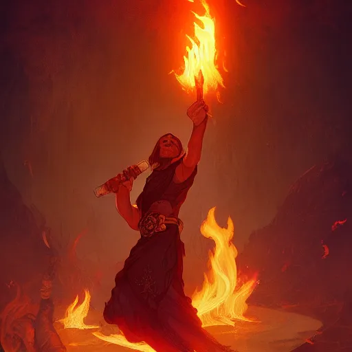 Image similar to a pyromancer is playing with fire , medium level shot , epic scene, Mucha style , Grim fantasy, illustration ,concept art,