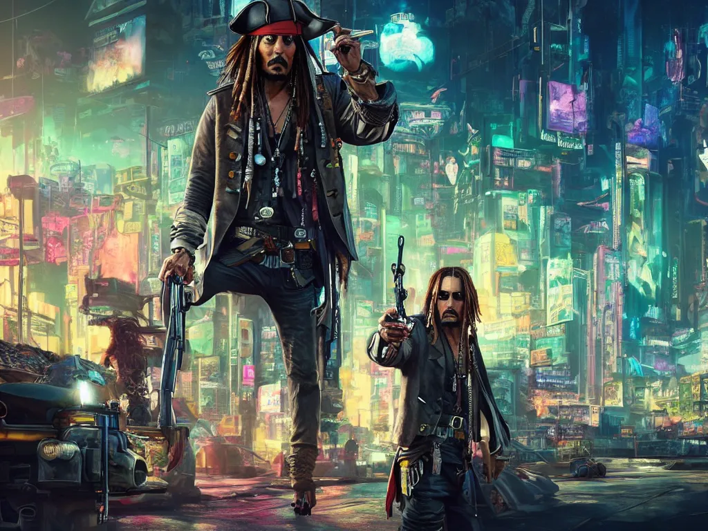 Prompt: jack sparrow in the game of cyberpunk 2 0 7 7, portrait, focus, 3 d illustration, sharp, intricate, poster, jack sparrow standing in front of the futuristic car, night city dystopian cyberpunk city in the background, holding a gun, photo, detailed photo, scene from blade runner