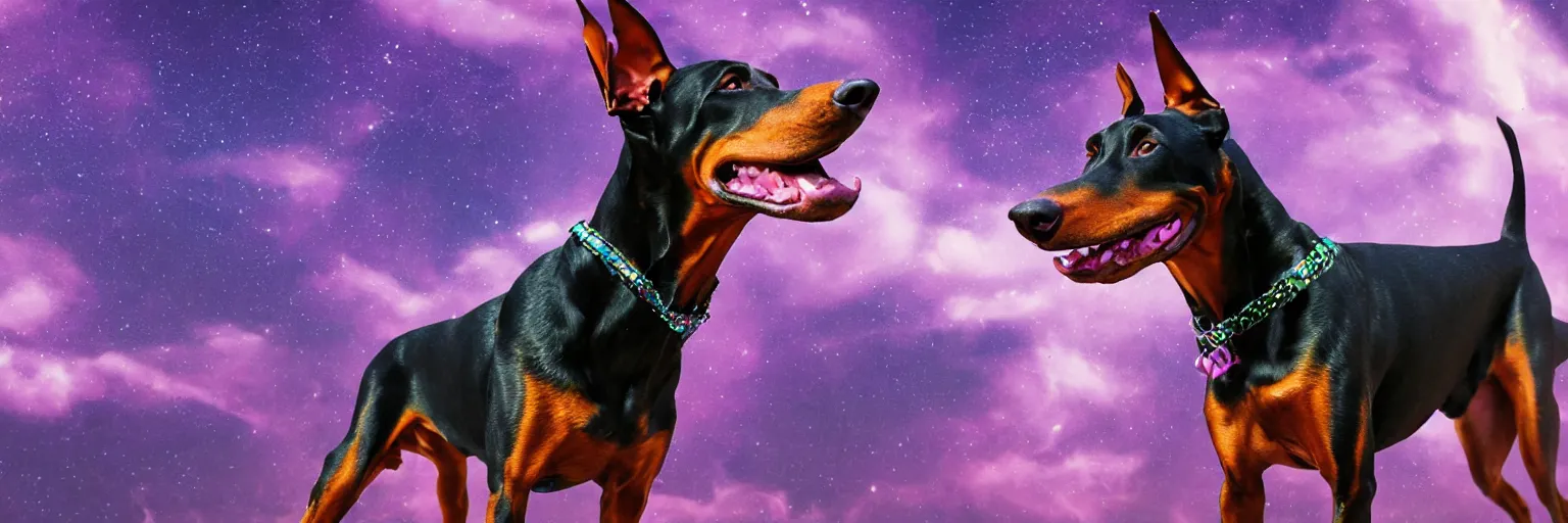 Image similar to spase doberman running close - up with neon mohawks, dogs, space, dark, stars, pink, oil painting, pirate neon ship with punks on board, neon, rich deep colors masterpiece, ultra detailed, contrast, lots of roman arches, clouds, sky, volumetric light, atmospheric lighting, dramatic, cinematic, moody, octane render 4 k, 8 k