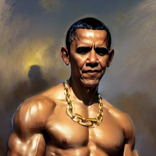 Image similar to detailed realistic cinematic wide shot of beautiful attractive muscular barack obama with gold chain wearing blue bath robe slim face symettrical face clean skin black eyes black robe smooth, sharp focus, ultra realistic, spring light, painting by gaston bussiere, craig mullins, j. c. leyendecker