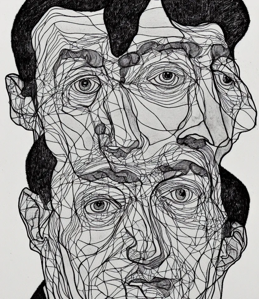 Prompt: detailed line art portrait of hermann hesse, inspired by egon schiele. minimalism, bold contour lines, caricatural, musicality, soft twirls curls and curves, confident personality, raw emotion