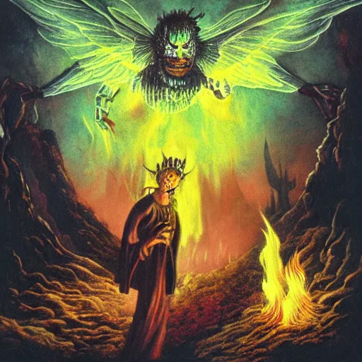 Prompt: beelzebub next to an oak tree aflame, still, fog in background, dantes inferno, evil album cover