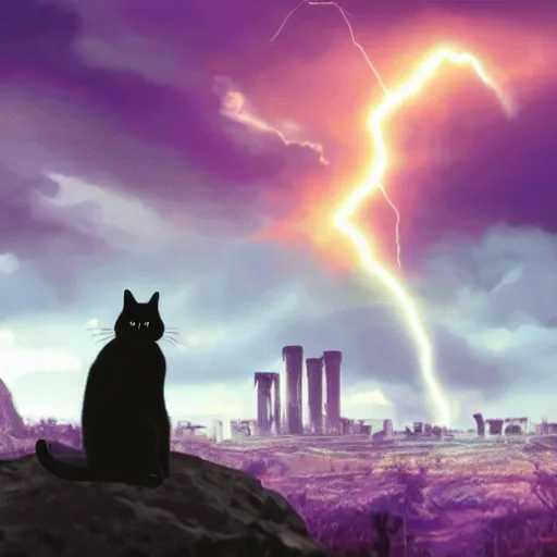 Image similar to a cat is sitting on a rock and looks at a total fallout city, while it is radioactive raining and a wild ghoul is coming nearby, there is a lightning which is purple