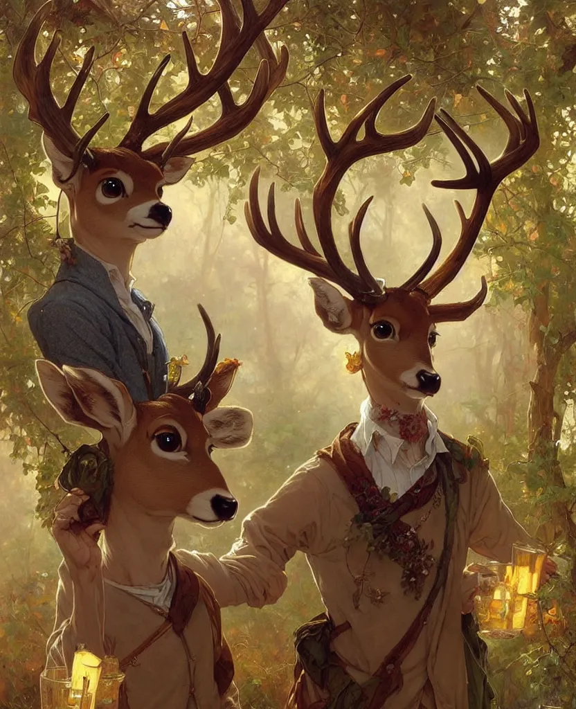 Image similar to anthropomorphic shy and nerdy deer with exquisite antlers. Renowned character illustration by greg rutkowski, thomas kindkade, alphonse mucha, loish, norman rockwell. Trending on FurAffinity.