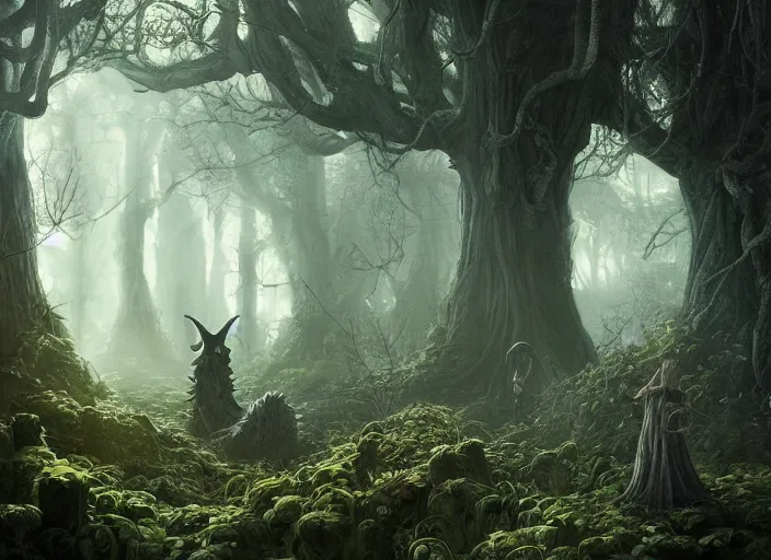 Prompt: secret garden, odd looking creatures, spooky, dark, in the style of pan's labyrinth movie, hyperrealistic, concept art, matte painting, artstation, caspar friedrich, wlop