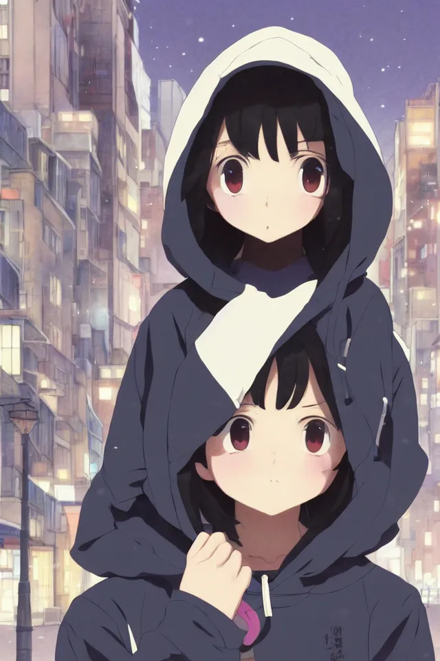 Image similar to anime visual, portrait of a young black haired girl wearing hoodie on the city street, cute face by yoh yoshinari, katsura masakazu, studio lighting, half body, dynamic perspective, strong silhouette, anime cels, ilya kuvshinov, cel shaded, crisp and sharp, rounded eyes