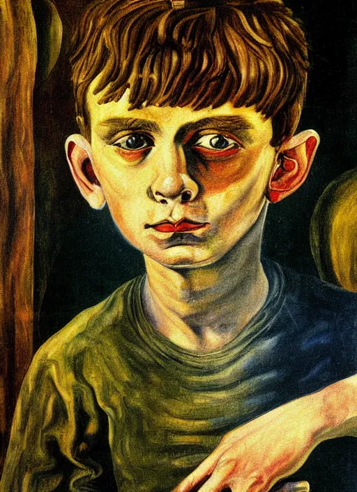 Prompt: detailed painting of a boy in a hall by otto dix, rich deep colors. masterpiece